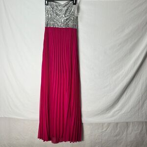 B. Darlin Silver Sequin Hot Pink Pleated Maxi Dress SZ 5/6 Prom Strapless Formal
